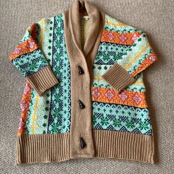 ILLA ILLA cardigan button front abstract motif Shawl neck pockets women’s Sz M/L - Picture 9 of 9